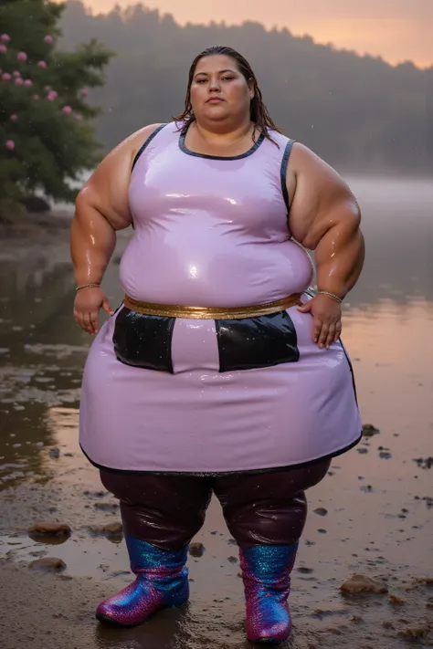 a remarkably large plus-size woman with large arms thick legs and a big belly, wearing a heavy thickly padded shiny polished white and pink lead apron with black pockets, the apron has a wide shiny gold belt at the hips, the woman wears dark purple shiny p...