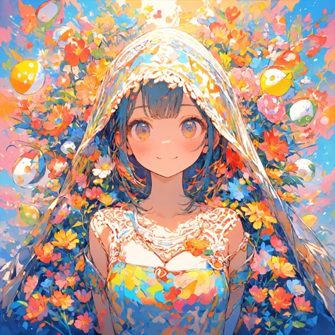 masterpiece,Highest Quality,super detailed,1 girl,Smiling,colorful,cute,Rice ball、upper body,is watching me,Flower,