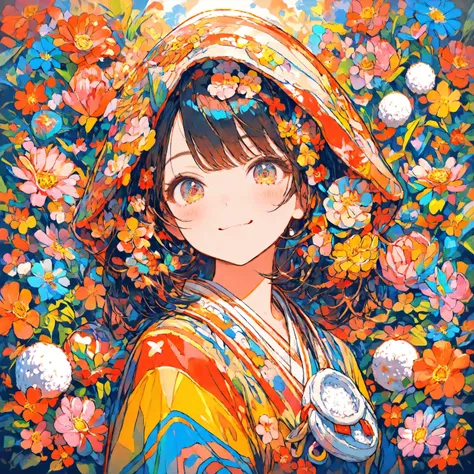masterpiece,Highest Quality,super detailed,1 girl,Smiling,colorful,cute,Rice ball、upper body,is watching me,Flower,