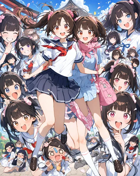 Bustling spring morning in a quaint Japanese suburban neighborhood, 16-year-old bubbly high school girl radiating infectious energy and youthful exuberance, her heart-shaped face glowing with a wide-open grin revealing perfect white teeth and subtle dimple...