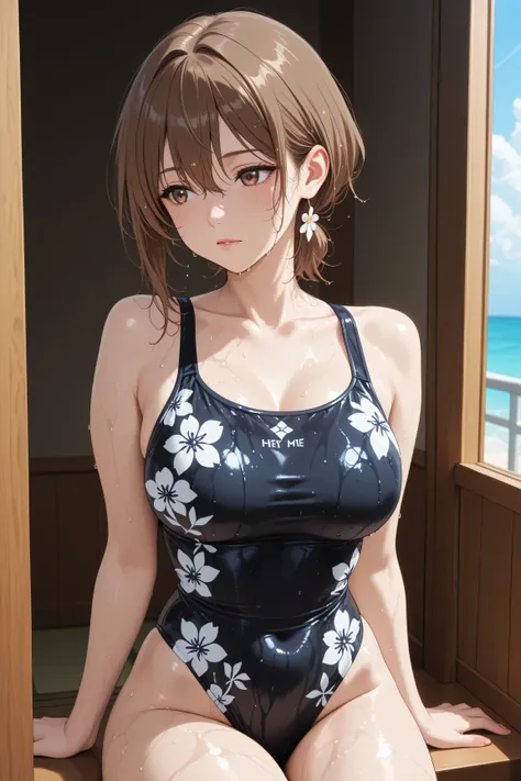 Japanese woman in a black floral swimsuit、while basking in the morning sun on the Balcony of a luxury resort hotel、Balcony、Kiss me deeply、women and men、高級リゾートホテルのBalconyで朝の太陽を浴びながら、A Japanese woman with medium brown hair wearing a swimsuit、They are hugging...