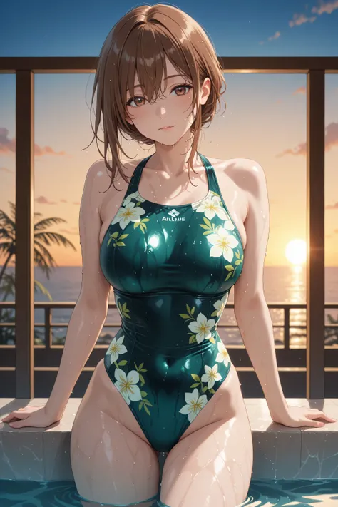 Japanese woman with medium brown hair in a green floral swimsuit、while basking in the morning sun on the Balcony of a luxury resort hotel、Balcony、Kiss me deeply、Women and men、高級リゾートホテルのBalconyで朝の太陽を浴びながら、A Japanese woman with medium brown hair in a swimsui...