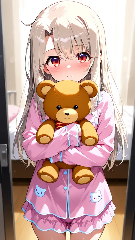 High quality. 4k . Illyasviel von einzbern. Cute face. Petite . Innocent look. Wearing a a sexy pajama. Holding a teddy bear . Soft facial expression 