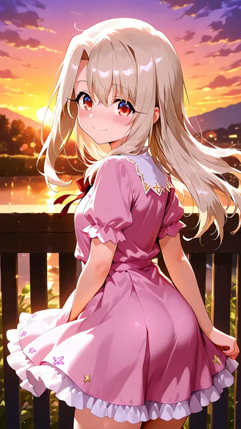 High quality. 4k . Illyasviel von einzbern. Cute face. Petite . Shy smile . Wearing a cute outfit. Beautiful sunset. Looking back at the viewer 