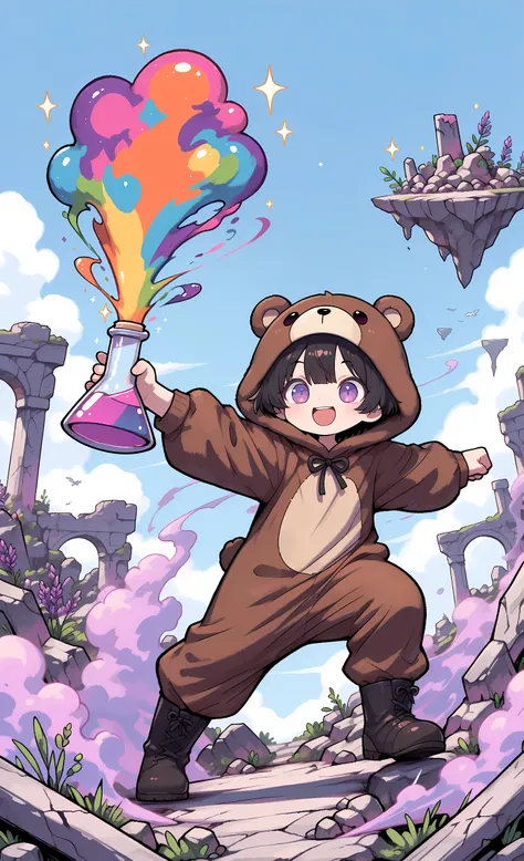 cartoon style, expressive characters, pop colors, dynamic pose, masterpiece, best quality, ultra-detailed:1.3,
Kuma, 1boy, male, solo, short black hair, lavender eyes, wearing brown bear onesie, bear hood, black boots, Ruins Alchemist,
dancing joyfully a...