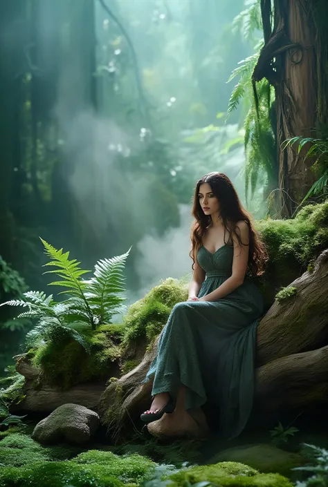 sad image.gloomy forest .old curves gnarled thick trees with long hanging branches.there is an old crooked wooden house in this forest,covered with moss and vines.a thick old log licks near the house.a beautiful charming woman sits on a log.a woman dressed...