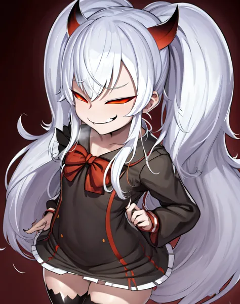 1girl,solo,Grimm aloe,Demon Horn, black_dress,standing,,Devil's Wings,single blade,,One Blade,,Dark Ambient Background,,blackいセーラー服,messugaki,(smirk:1.7),thighhigh socks,masterprice,perfect quolity,best quolity,amezing quolity,