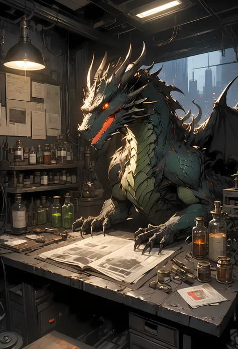Ruins Barbell Alchemist、messy Test Bench、Wonderful medicine、colorful bottle 、flask、 beaker 、what other eccentric creations will she create、handmade dragon、Making a little dragon、Hand riding dragon on desk、cute expression，determined，glowing eyes ，looking at...