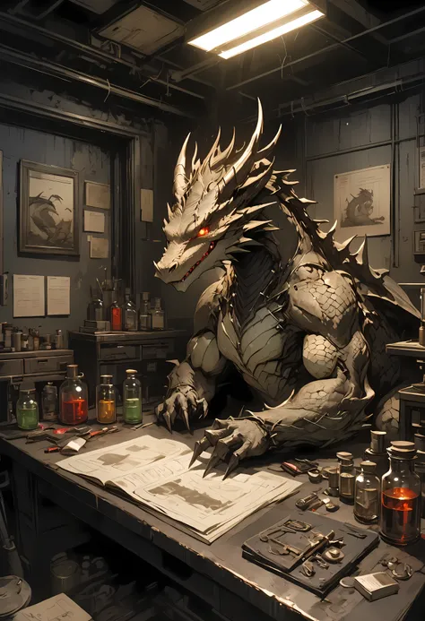 Ruins Barbell Alchemist、messy Test Bench、Wonderful medicine、colorful bottle 、flask、 beaker 、what other eccentric creations will she create、handmade dragon、Making a little dragon、Hand riding dragon on desk、cute expression，determined，glowing eyes ，looking at...