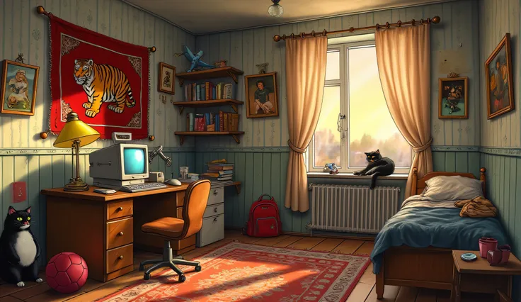 Атмосферная комната русского подростка 90-х годов, worn wallpaper, old desk with computer "Pentium" and a CRT monitor, keyboard with worn keys, untidy bed with a blanket and a crumpled pillow, large carpet on the wall with a tiger, second carpet on the flo...