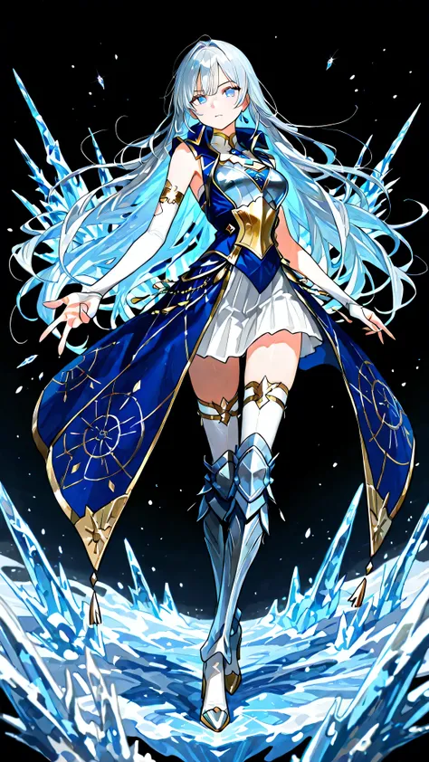 black background, 1girl, solo, masterpiece, female knight theme, beautiful woman with long silver hair, her hair has blue-streak on it, blue eyes and silky hair, hair down, white chest plate, wearing white knightly attire, long blue coatail, white skirt, d...