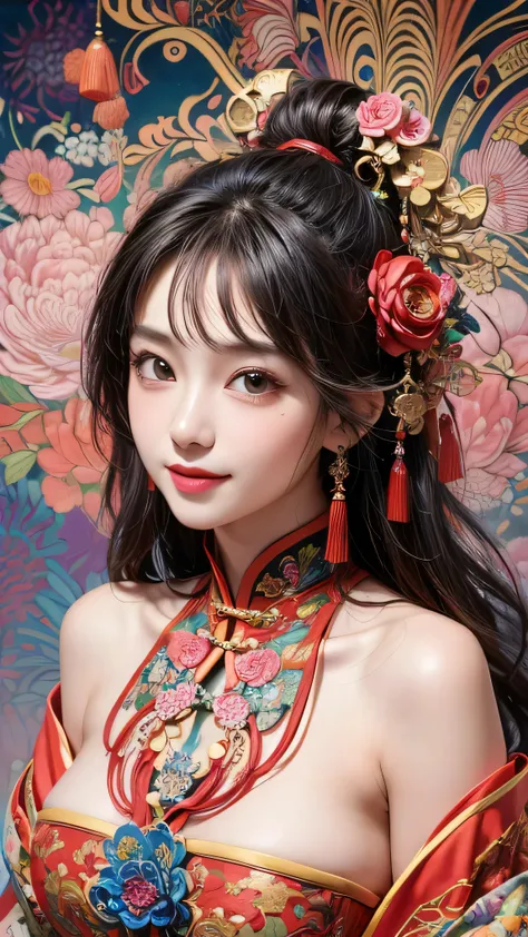 NSFW, ( masterpiece, Top Quality, best quality, official art, Beautiful and Aesthetic:1.2), (1 Girl:1.3), extremely detailed,(Fractal Art:1.1),(colorful:1.1)(Flowers:1.3),Highest Detail,(Zentangle:1.2), (dynamic pose), ( abstract background :1.3), (The por...