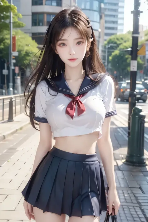 ( Super High Definition), (I'm looking over here), (school uniform:1.2, sailor suit, flared skirt), (Big Breasts:1.2), (Slimness:1.8), ( Read more:1.4), (thin thighs:1.4), ( thin hips:1.6), ( beautiful skin, shiny skin, white skin), (Super slim face, Sup...