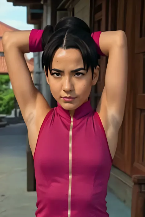 Tenten,human woman with fair skin and slight tan.with brown eyes and pink clothing. Her hair is long and brown in color; She is beautiful. Fair skin.Tsundere face. Pink eye shading,mature appearance,armpits,sweat,sweaty,sweaty armpits,arms up,showing armpi...