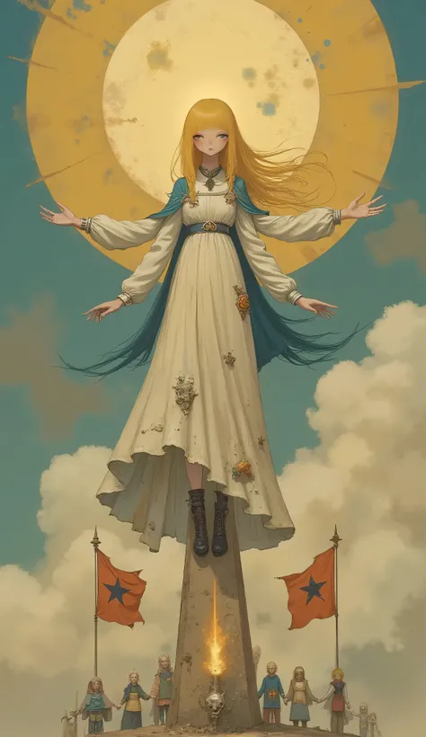 On top of a towering spire under twin suns, a blonde woman (18+) stands with arms outstretched, tall and skinny, her braided hair fanning out like a halo. Below, a ring of worshippers in mechanized hoods circle a glowing ten-pointed star planted in the roc...