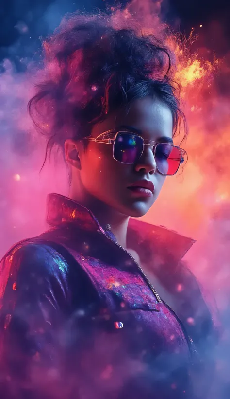 voluptuous woman. neo-pink dancing hip-hop in absolute realism, amidst backlit multicolor swirling fluid neon smoke enigma, reflective sunglasses, rich vivid colors, low-fi chiaroscuro, lush messy stylised updo pony, dynamic motion,full body