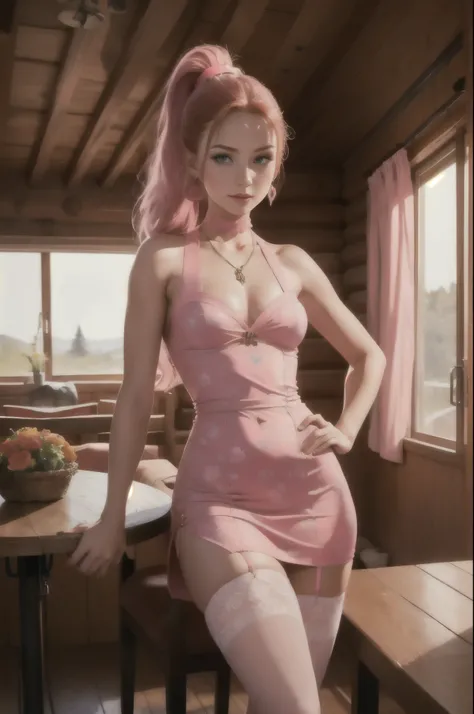 ((RAW Photo), Absurdities, (Absurd Resolution)), (Maximum Quality, 16k, Masterpiece, Ultra Detailed, Hyperrealism), Vintage, ((Beautiful girl, 21 years old, pin-up), ((Perfect figure, slender, well-formed body, hands on hips)), (straight red hair, bright h...