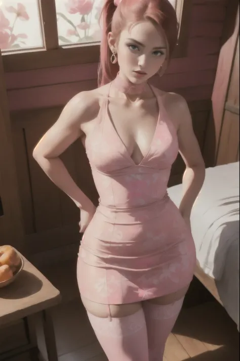 ((RAW Photo), Absurdities, (Absurd Resolution)), (Maximum Quality, 16k, Masterpiece, Ultra Detailed, Hyperrealism), Vintage, ((Beautiful girl, 21 years old, pin-up), ((Perfect figure, slender, well-formed body, hands on hips)), (straight red hair, bright h...