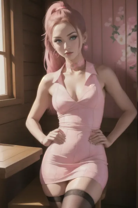 ((RAW Photo), Absurdities, (Absurd Resolution)), (Maximum Quality, 16k, Masterpiece, Ultra Detailed, Hyperrealism), Vintage, ((Beautiful girl, 21 years old, pin-up), ((Perfect figure, slender, well-formed body, hands on hips)), (straight red hair, bright h...