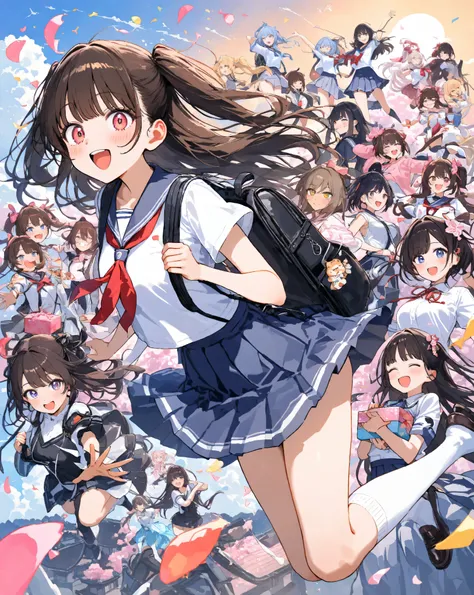 Bustling spring morning in a quaint Japanese suburban neighborhood, 16-year-old bubbly high school girl radiating infectious energy and youthful exuberance, her heart-shaped face glowing with a wide-open grin revealing perfect white teeth and subtle dimple...