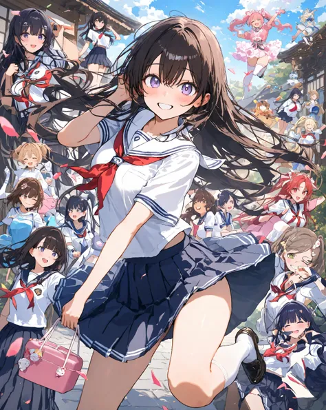 Bustling spring morning in a quaint Japanese suburban neighborhood, 16-year-old bubbly high school girl radiating infectious energy and youthful exuberance, her heart-shaped face glowing with a wide-open grin revealing perfect white teeth and subtle dimple...