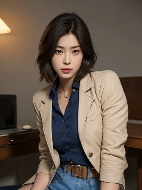 Makimura Kaori,1girl,solo,skirt,brown hair,short hair,handgun,holding gun,retro artstyle,denim,pencil skirt,miniskirt,denim skirt,jacket,sleeves rolled up,shirt,brown eyes,traditional media, extremely detailed eye and face, Sexy Body, (A little slimmer bod...