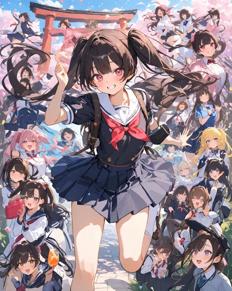 Bustling spring morning in a quaint Japanese suburban neighborhood, 16-year-old bubbly high school girl radiating infectious energy and youthful exuberance, her heart-shaped face glowing with a wide-open grin revealing perfect white teeth and subtle dimple...