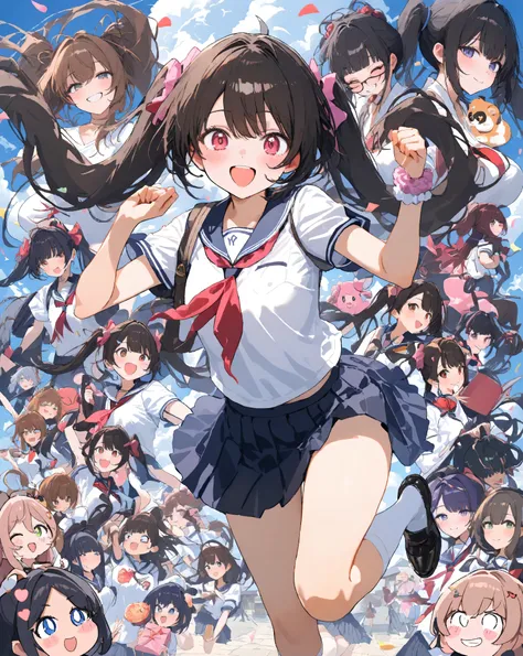 Bustling spring morning in a quaint Japanese suburban neighborhood, 16-year-old bubbly high school girl radiating infectious energy and youthful exuberance, her heart-shaped face glowing with a wide-open grin revealing perfect white teeth and subtle dimple...