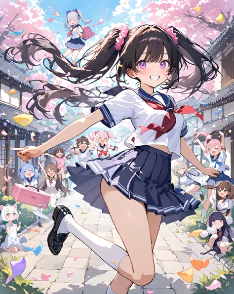 Bustling spring morning in a quaint Japanese suburban neighborhood, 16-year-old bubbly high school girl radiating infectious energy and youthful exuberance, her heart-shaped face glowing with a wide-open grin revealing perfect white teeth and subtle dimple...