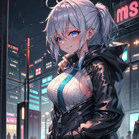 masterpiece, best quality, ultra detailed, cyberpunk anime girl standing in the rain at night, wet transparent raincoat, short dark blue hair with pink highlight, glowing neon blue eye, futuristic urban city background, confident smirk, rain droplets on sk...