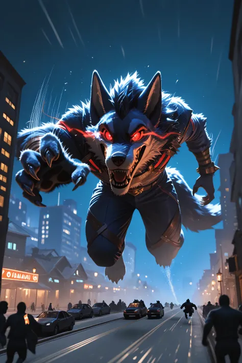 masterpiece, absurdres, newest, warwick_lol, anthro, wolf male, glowing, male focus, glowing eyes, werecanid, red eyes, fur, furry male, sharp teeth, claws, bottomwear, night, running, (motion lines:1.3), dynamic, jumping, (macro:1.5), macro in miniscule c...