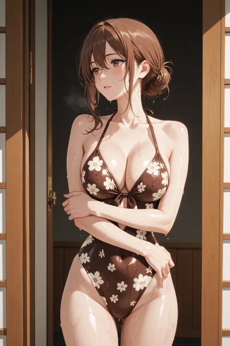 Japanese women in brown floral swimsuits、while basking in the morning sun on the Balcony of a luxury resort hotel、Balcony、Kiss me deeply、women and men、高級リゾートホテルのBalconyで朝の太陽を浴びながら、Japanese woman with medium brown hair in a swimsuit、they are hugging the man...