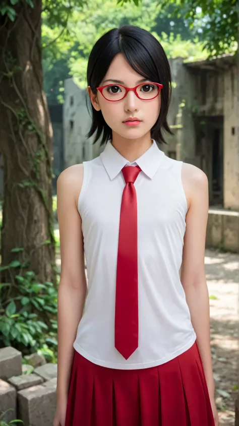 Masterpiece, best quality, 8k, ultra high resolution, photorealistic, cinematic composition,1girl, solo,sarada uchiha,black eyes,black hair,short hair,outdoors,potrait,ruins,flat chest,red framed glasses,(red necktie:1.4),forest,(white shirt:1.5),sleeveles...