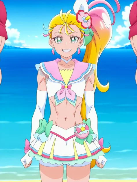 傑作、Best quality、Best resolution、Best image quality、amazing quality、 very aesthetic、 absurdres、anime coloring、anime screencap、anime screenshot、official style、official art、1boy、cure summer is a boy warrior、boy is wearing a white crop top dress、blonde hair、mu...