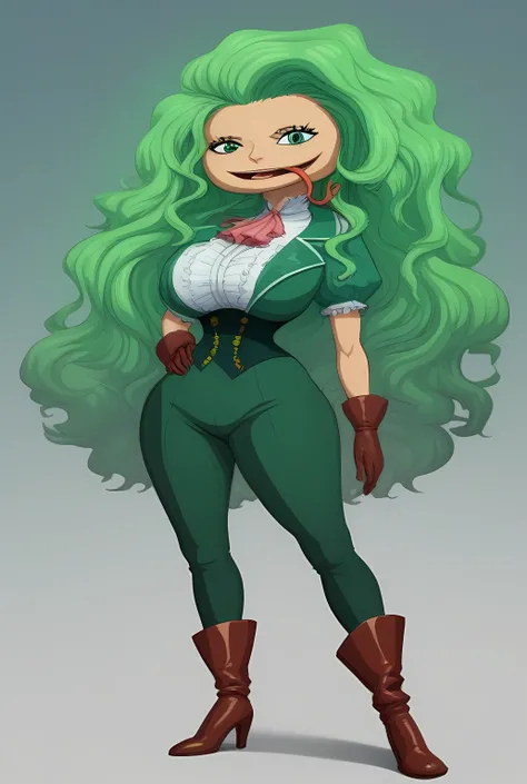 score_9 , score_8_up , score_7_up , masterpiece , best quality , highly detailed, BoaSandersoniaOP, 1girl, solo, tall woman, disproportionately large head, wide head, green hair, long hair, wavy hair, green eyes, wide mouth, long forked tongue, tongue out,...