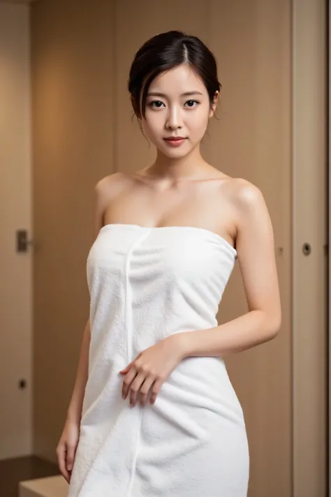 (Highest Quality、Table Top、8k、best image quality、Award-winning work)、one beautiful woman、(short chignon :1.3)、(The woman's body is wrapped in a bath towel:1.8)、( Perfect Bath Towel:1.8)、(Standing in an elegant dressing room:1.2)、( the most natural and prac...