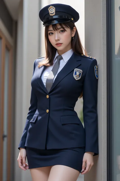 ( Highest Quality、 greatest masterpiece、 Highest Quality、 winning works )、A beautiful female police officer 、( perfect navy police officer costume :1.1)、(navy jacket and gray tie:1.1)、navy mini skirt、emphasizes body line、(警察の紋章が付いた紺色のpolice hatをかぶっています:1.5...