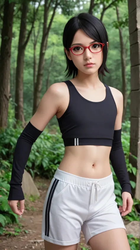 Masterpiece, best quality, 8k, ultra high resolution, photorealistic, cinematic composition,1girl, solo,sarada uchiha,black eyes,black hair,short hair,outdoors,potrait,ruins,flat chest,red framed glasses,forest,(black sports bra:1.5),sleeveless,arm warmers...