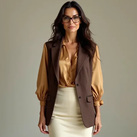 A realistic, high resolution photograph of a tall, beautiful Mediterranean woman in her 40's; full body frontal view facing the camera with her arms at her side, looking at the camera. There is extra space in the photo above her head. She has a tall, lithe...