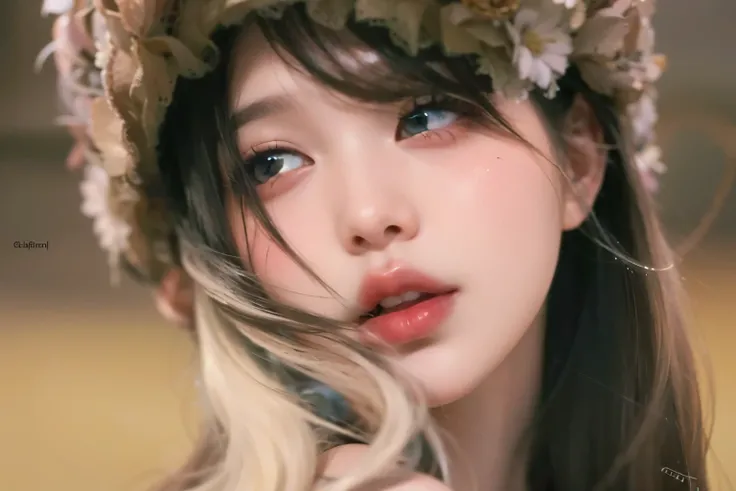 beautiful girl's face with delicate doll-like features, big mesmerizing wide eyes, flawless glowing fair skin, and an innocent, soft expression. Her look should be enchanting, pure, and ethereal, almost like a living porcelain doll.

