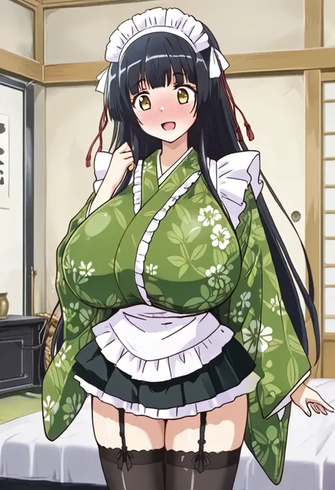 1 girl,gigantic breasts, very detailed skin Blush, happy, looking at the spectator, bedroom,  interiores, uncensored,  INTERRUPTION Misaki Sayama , black hair, long hair, straight bangs,  Patilla , hair tie, white lasso, hair ornament, yellow eyes,  maid's...