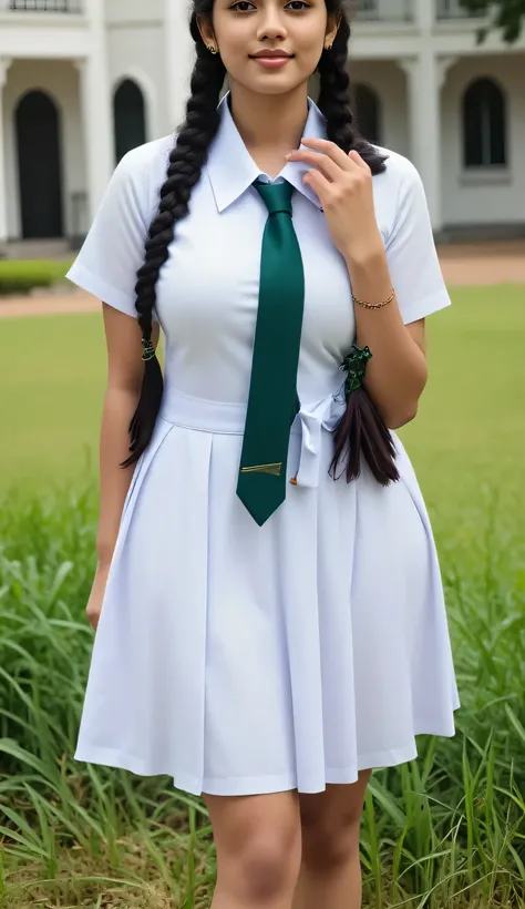 Better posture, full body view,"Create a clean, bright and highly detailed raw image with natural daylight - without harsh shadows or oversaturated colors. Dressed in crisp white gowns with dark green ties, large breast size, age 20, correct anatomy of oth...