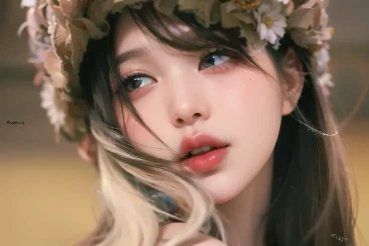beautiful girl's face with delicate doll-like features, big mesmerizing wide eyes, flawless glowing fair skin, and an innocent, soft expression. Her look should be enchanting, pure, and ethereal, almost like a living porcelain doll.
