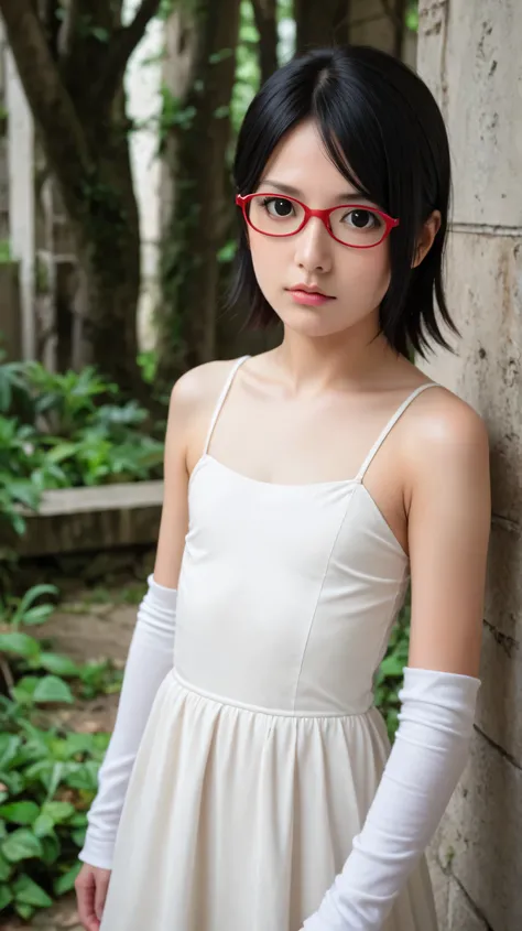 Masterpiece, best quality, 8k, ultra high resolution, photorealistic, cinematic composition,1girl, solo,sarada uchiha,black eyes,black hair,short hair,outdoors,potrait,ruins,flat chest,red framed glasses,(white dress:1.4),forest,arm warmers,close up
