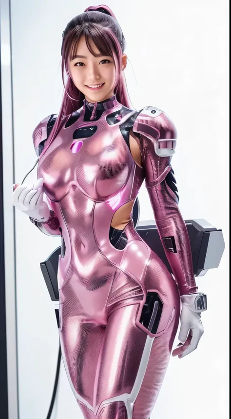 ( Highest Quality , high image quality, masterpiece:1.2), very detailed, present:1.37, ( perfect anatomy ), full body, cowboy shot, cute and perfect 20 year old Japanese female athlete with perfect anatomy,( Cyborg transformation surgery ),( smile:1.2...