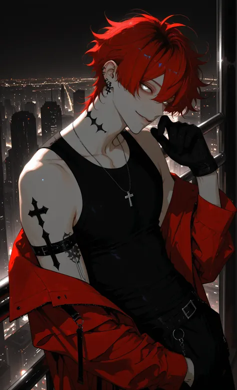 Edge_crimson, masterpiece, best quality, ultra-detailed, stylized illustration,
1male, pale skin, bright red spiky hair, wearing black tank top, red jacket open, cross pendant necklace visible, black glove on right hand,
over-shoulder view, looking back at...