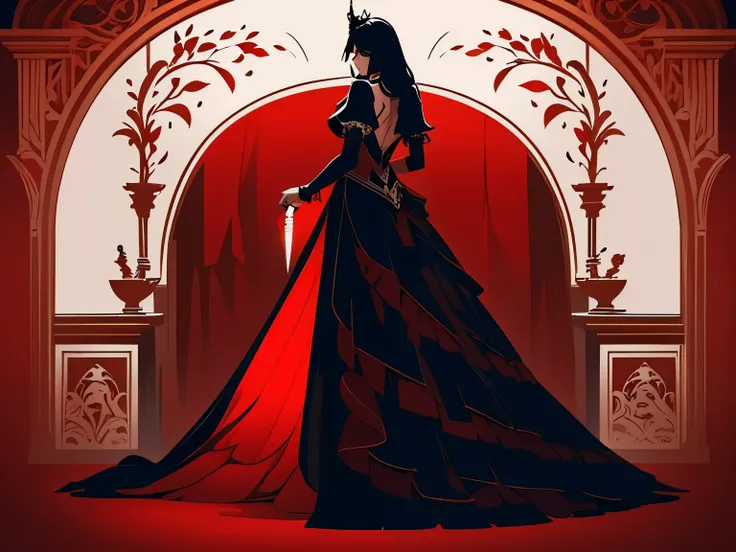 vector art, flat colors, gothic, monochrome, red, black, solo female, white skin, no face, no eyes, faceless, tarot, opera singer, tosca, ball gown dress, large dress, black hair, long hair, back view, holding knife, full body, looking at side, red backgro...