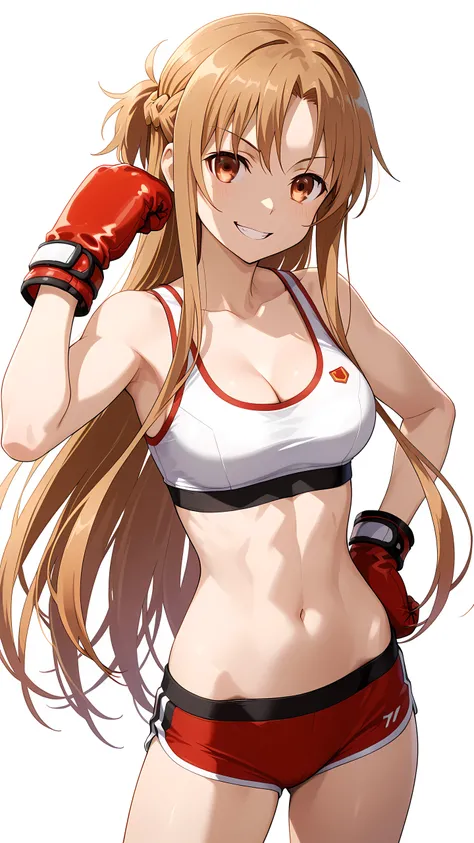 asuna_\(sao\), long_hair, brown_hair, brown_eyes,, cleavage, solo, (white based sports bra, red based boy-leg underwear, boxer gloves), provocative grin, (toned slim body, slim waist), belly button, bare thigh, looking at viewer, extremely detailed eyes an...