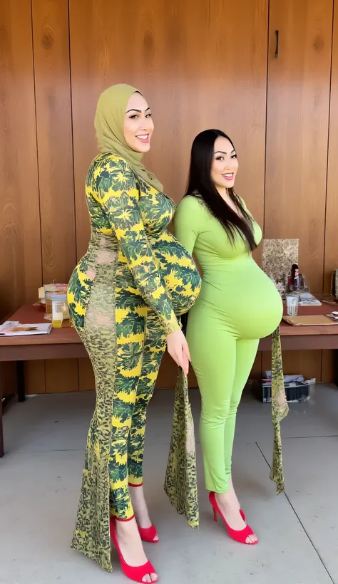 2 preggos , 45 years and 50 years womans ,  huge ass, chartreuse hijab batik , wearing chartreuse kebaya and tight leggings, red high heels  ,  very white skin  , Large Belly , Huge belly, beautiful hips  , round buttocks ,  hand detail  , very thick lips ...