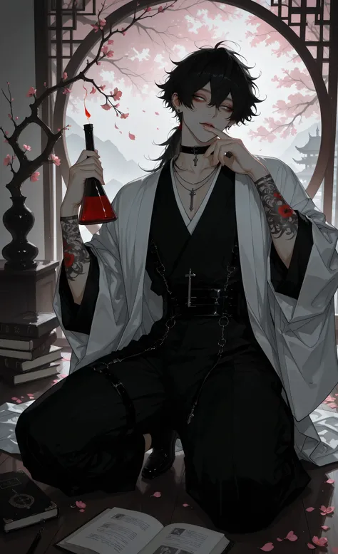 masterpiece, best quality, ultra-detailed:1.4, beautiful male alchemist, wearing elegant haori over kimono, long black hair tied back, holding glowing flask that illuminates his face, sitting in seiza position under sakura tree, cherry blossom petals falli...